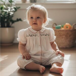 The Proper Peony White Baby Bubble with Strawberry Floral Embroidery Details 24M